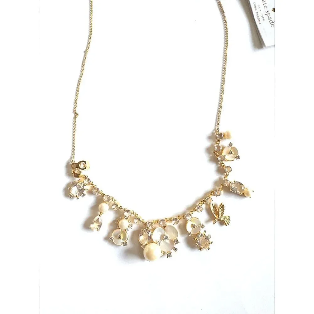 New! KATE SPADE Disco Pansy Flower Bird Crystal Gold-tone Necklace 16